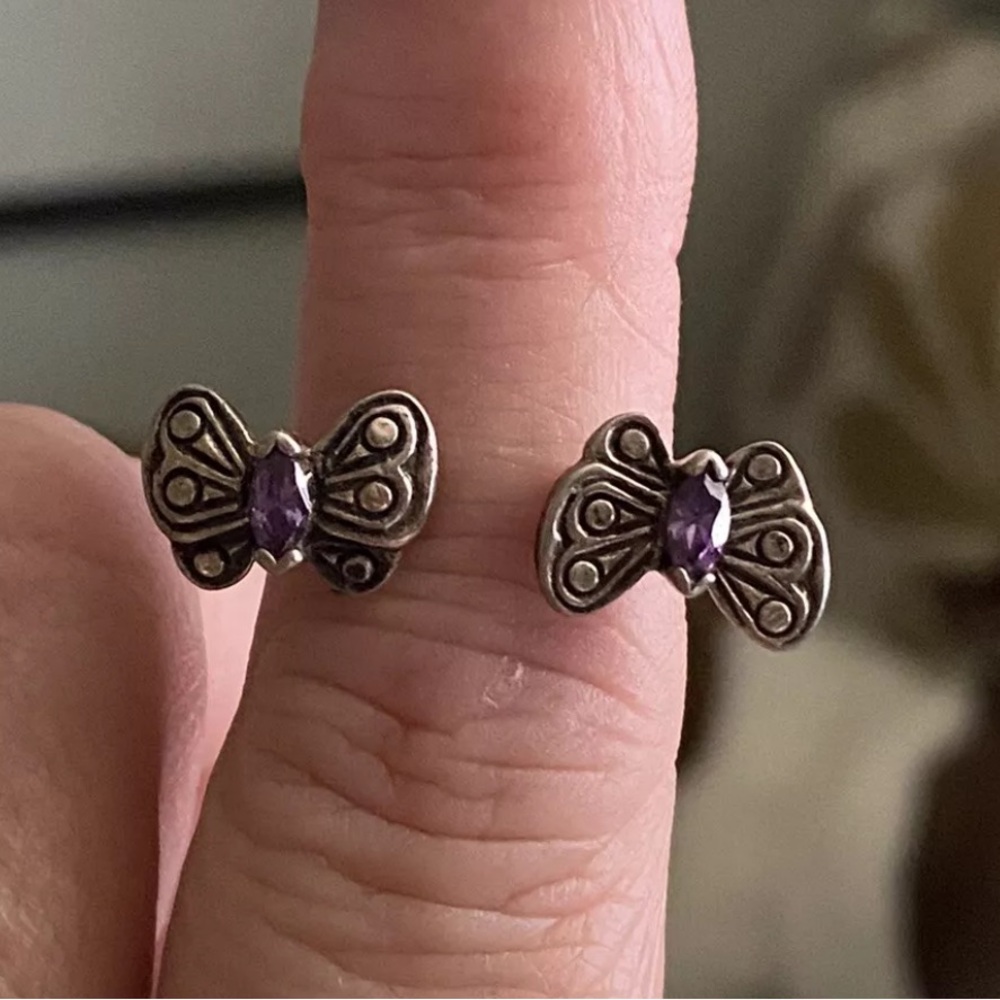 Vintage Sterling Silver Double Amethyst Butterfly Open Wrap Ring - Size 5